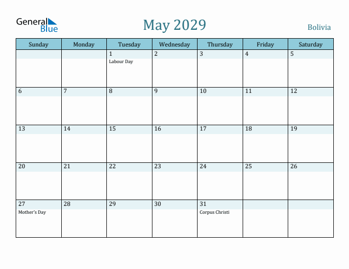 May 2029 Calendar with Holidays