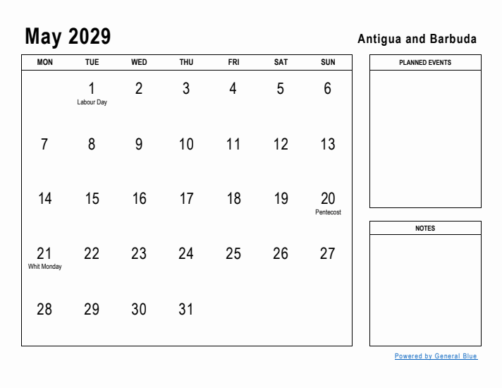 May 2029 Printable Monthly Calendar with Antigua and Barbuda Holidays