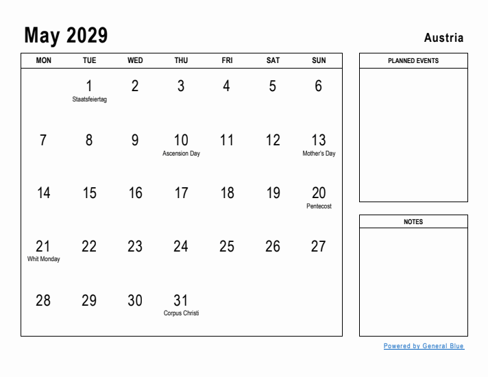 May 2029 Printable Monthly Calendar with Austria Holidays