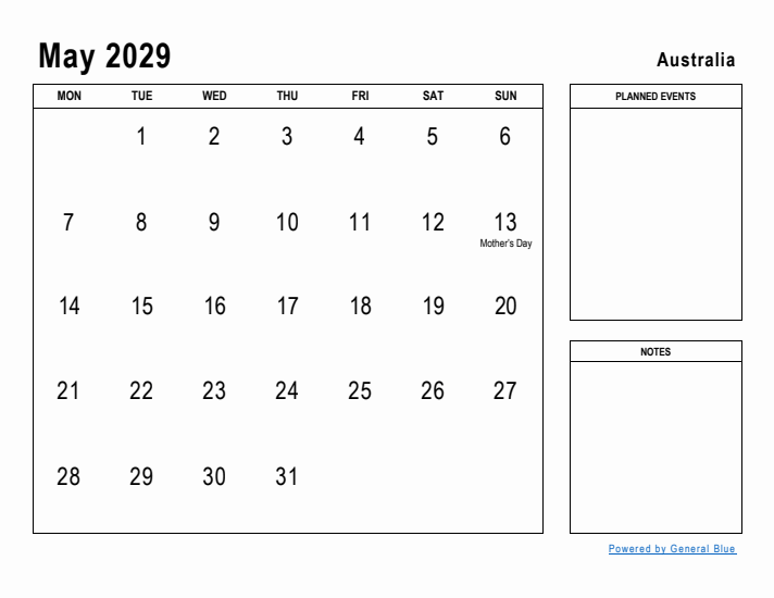 May 2029 Printable Monthly Calendar with Australia Holidays