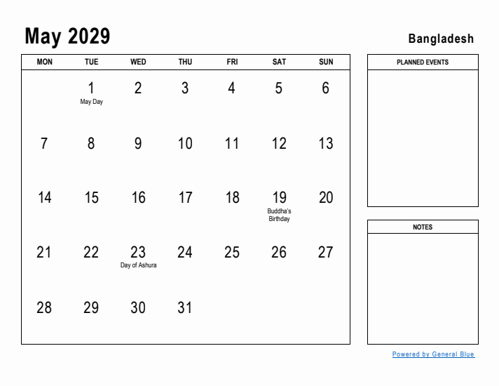 May 2029 Printable Monthly Calendar with Bangladesh Holidays