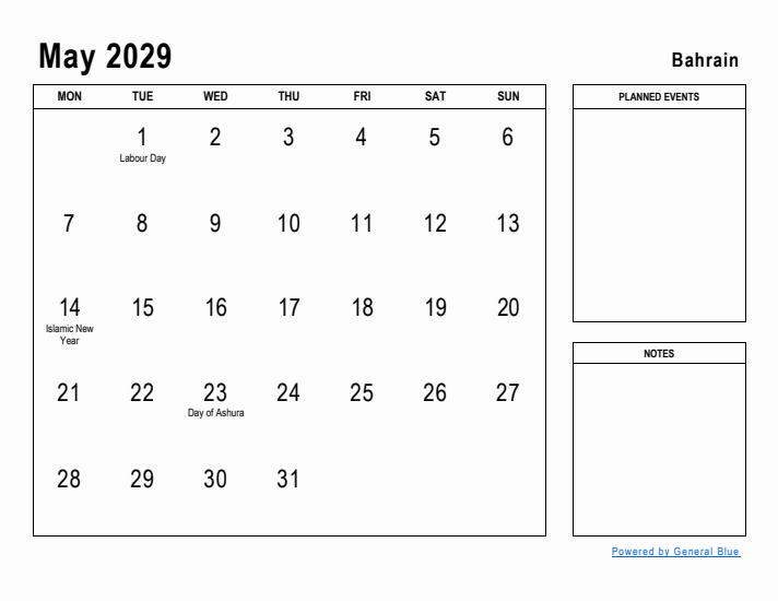 May 2029 Printable Monthly Calendar with Bahrain Holidays