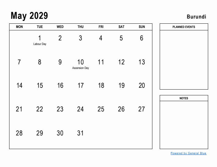 May 2029 Printable Monthly Calendar with Burundi Holidays