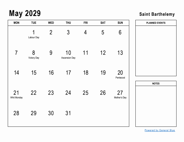 May 2029 Printable Monthly Calendar with Saint Barthelemy Holidays