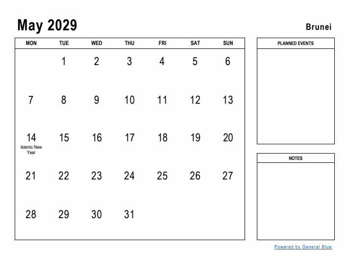 May 2029 Printable Monthly Calendar with Brunei Holidays