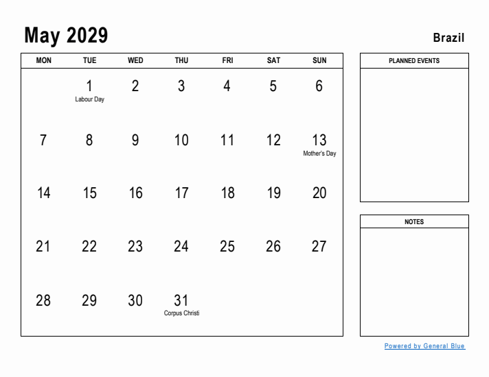 May 2029 Printable Monthly Calendar with Brazil Holidays