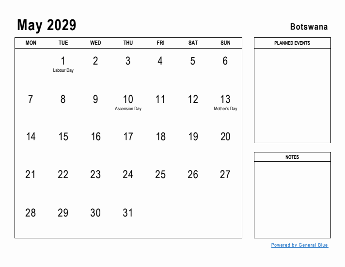 May 2029 Printable Monthly Calendar with Botswana Holidays