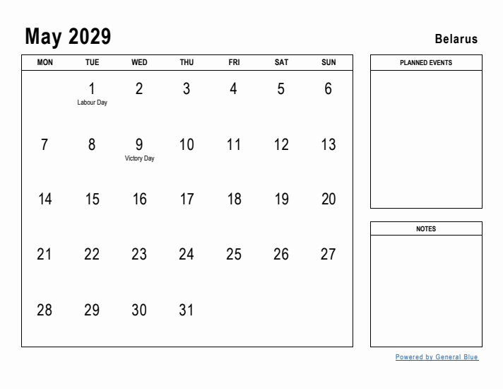 May 2029 Printable Monthly Calendar with Belarus Holidays