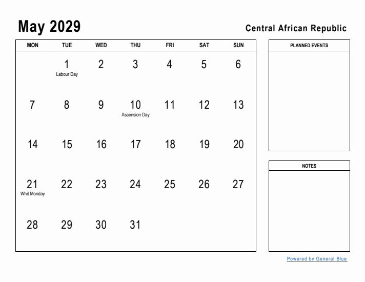 May 2029 Printable Monthly Calendar with Central African Republic Holidays