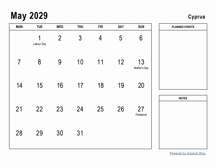 May 2029 Printable Monthly Calendar with Cyprus Holidays