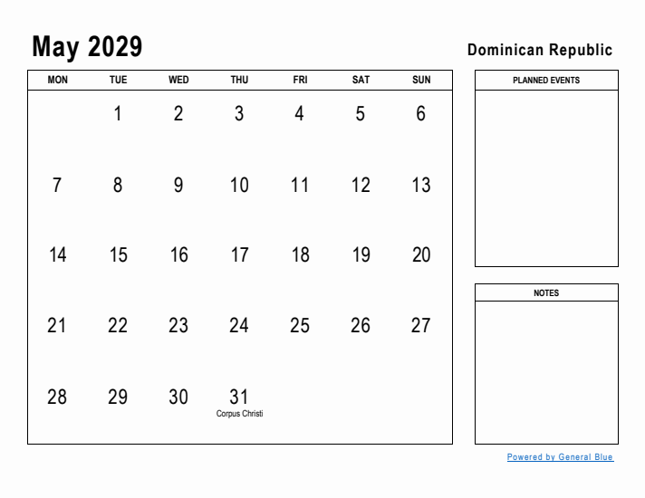 May 2029 Printable Monthly Calendar with Dominican Republic Holidays