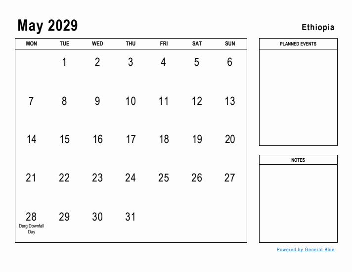 May 2029 Printable Monthly Calendar with Ethiopia Holidays