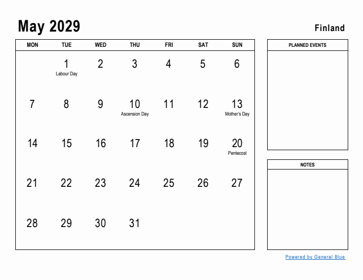 May 2029 Printable Monthly Calendar with Finland Holidays