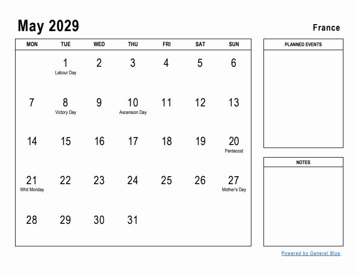 May 2029 Printable Monthly Calendar with France Holidays