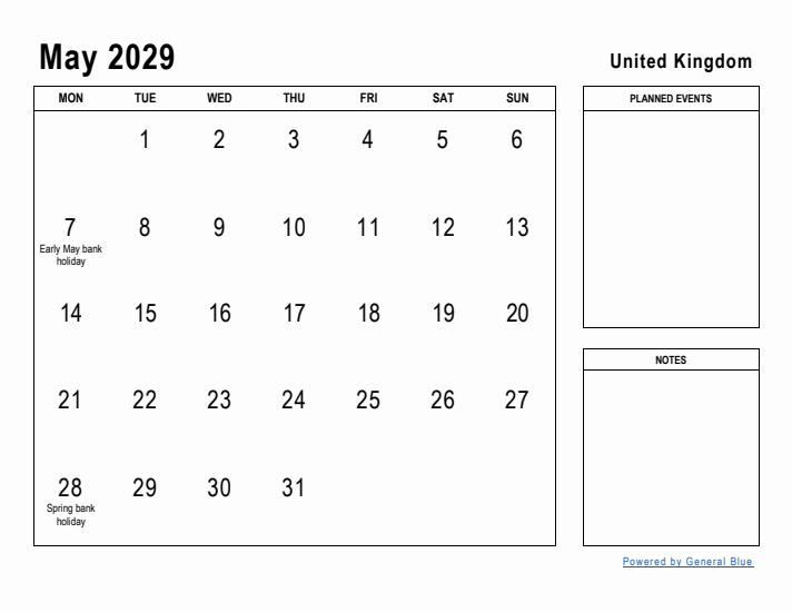 May 2029 Printable Monthly Calendar with United Kingdom Holidays