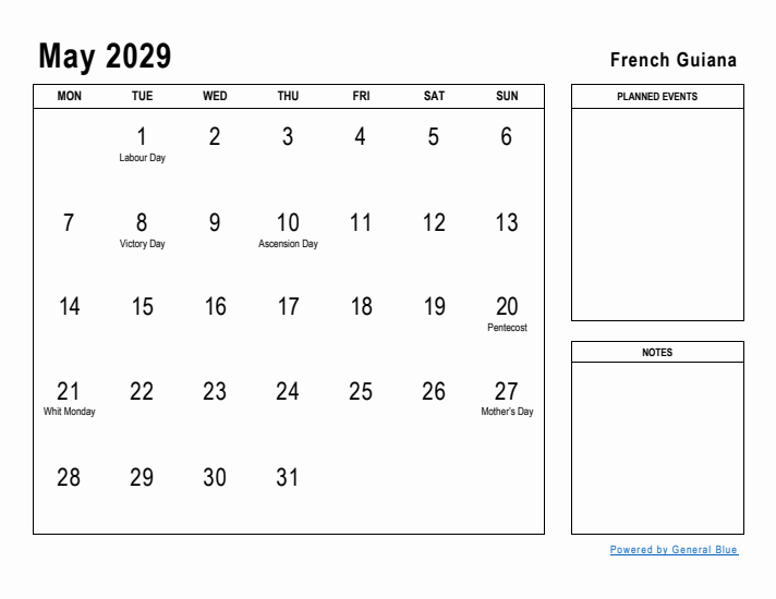 May 2029 Printable Monthly Calendar with French Guiana Holidays