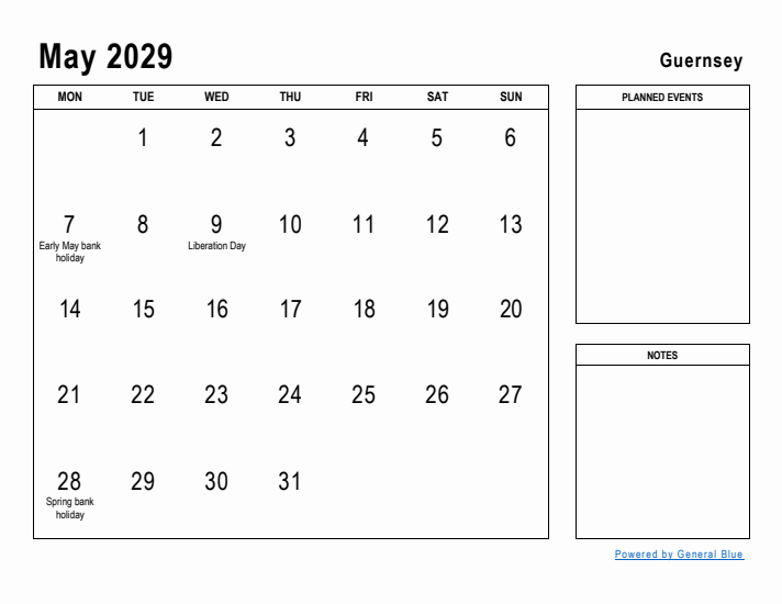 May 2029 Printable Monthly Calendar with Guernsey Holidays