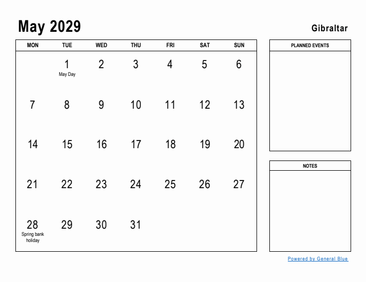 May 2029 Printable Monthly Calendar with Gibraltar Holidays