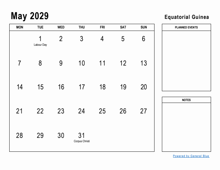 May 2029 Printable Monthly Calendar with Equatorial Guinea Holidays