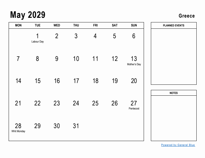 May 2029 Printable Monthly Calendar with Greece Holidays