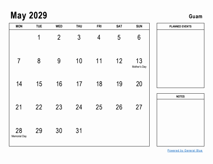 May 2029 Printable Monthly Calendar with Guam Holidays