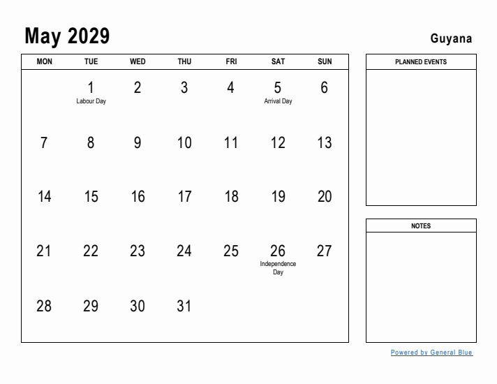 May 2029 Printable Monthly Calendar with Guyana Holidays