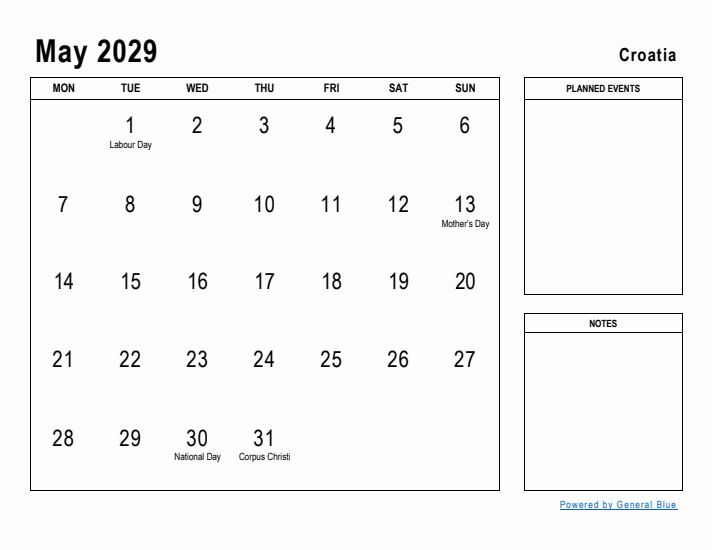 May 2029 Printable Monthly Calendar with Croatia Holidays