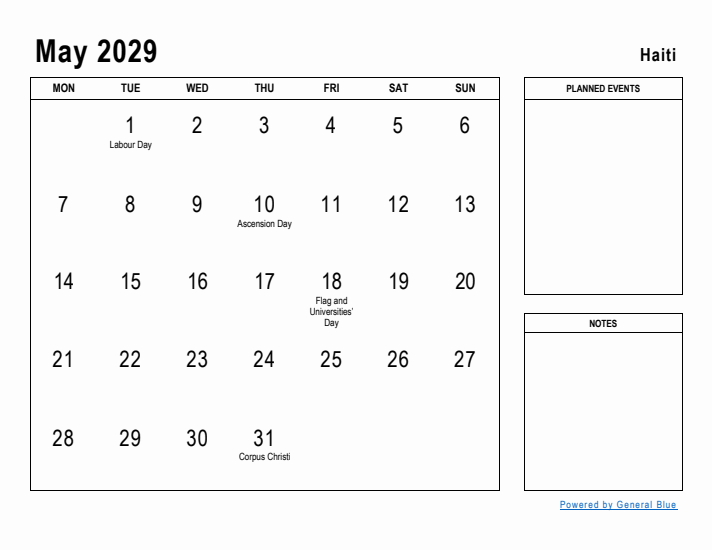 May 2029 Printable Monthly Calendar with Haiti Holidays