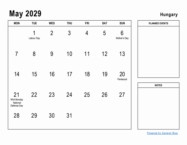 May 2029 Printable Monthly Calendar with Hungary Holidays