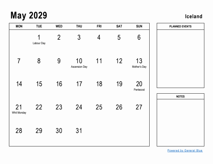 May 2029 Printable Monthly Calendar with Iceland Holidays