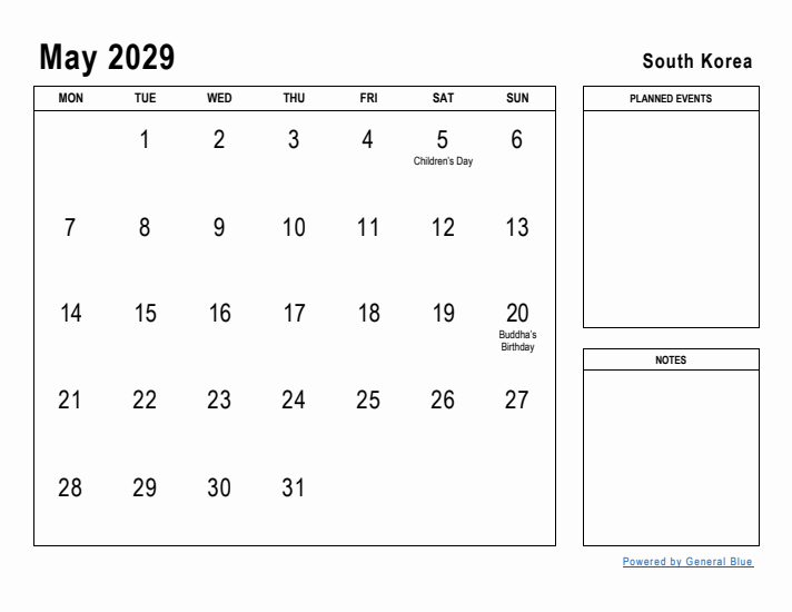 May 2029 Printable Monthly Calendar with South Korea Holidays