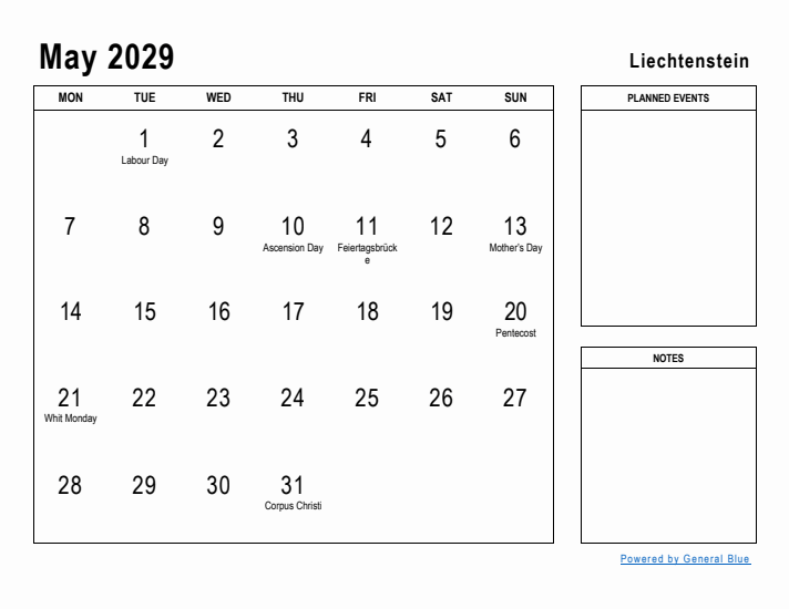 May 2029 Printable Monthly Calendar with Liechtenstein Holidays