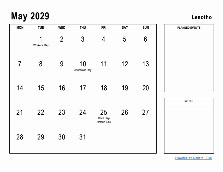 May 2029 Printable Monthly Calendar with Lesotho Holidays