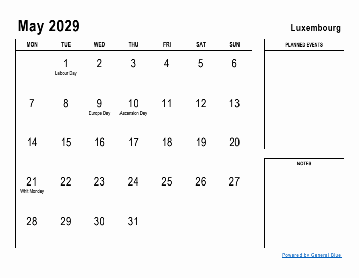 May 2029 Printable Monthly Calendar with Luxembourg Holidays