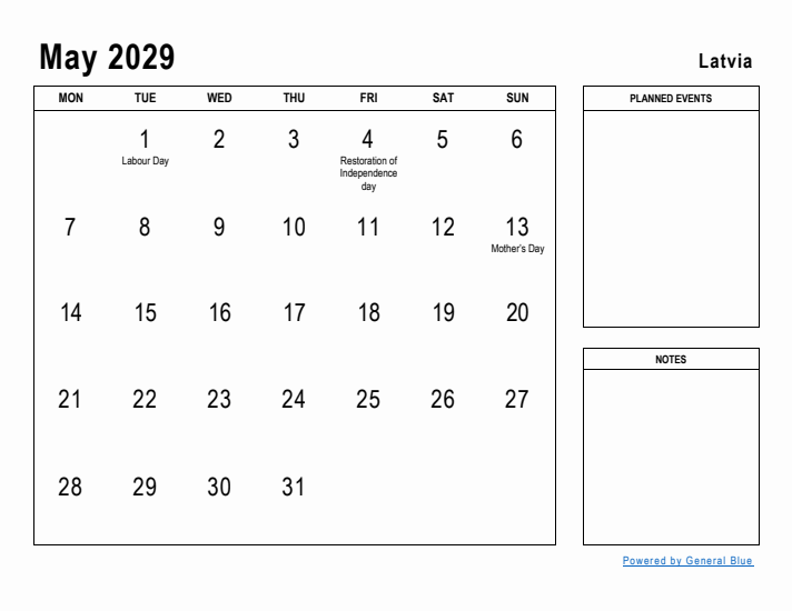 May 2029 Printable Monthly Calendar with Latvia Holidays