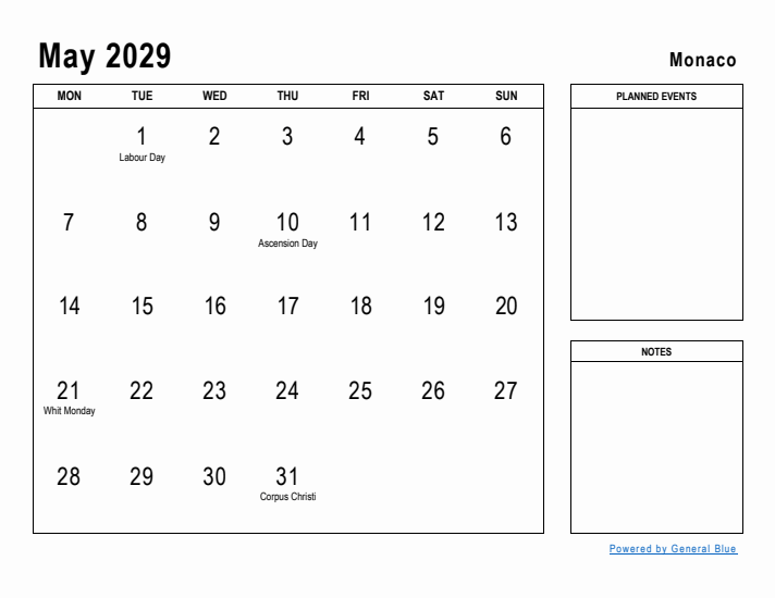 May 2029 Printable Monthly Calendar with Monaco Holidays