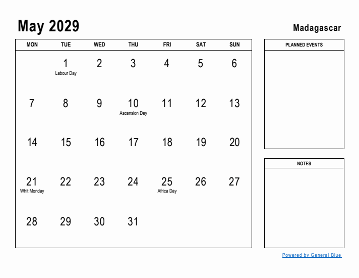 May 2029 Printable Monthly Calendar with Madagascar Holidays