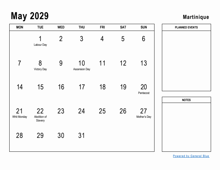 May 2029 Printable Monthly Calendar with Martinique Holidays