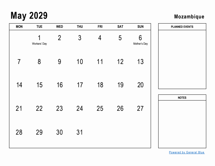 May 2029 Printable Monthly Calendar with Mozambique Holidays