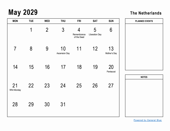 May 2029 Printable Monthly Calendar with The Netherlands Holidays