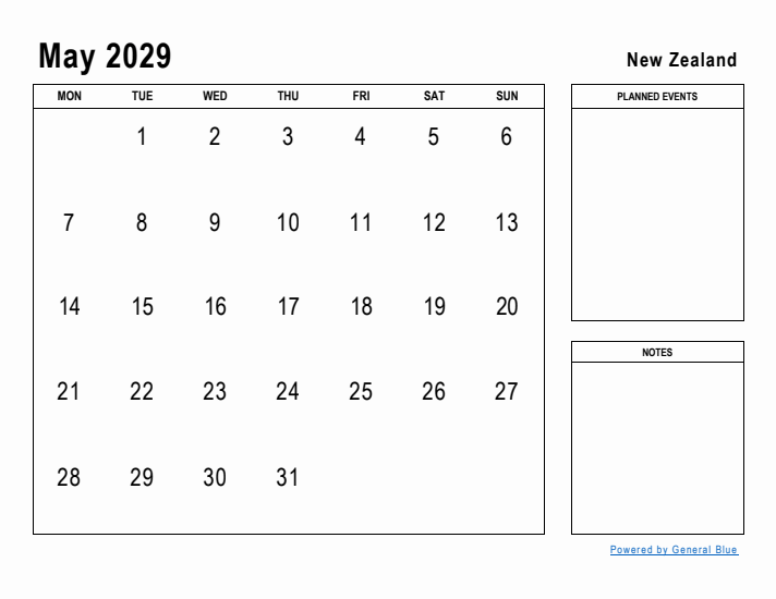 May 2029 Printable Monthly Calendar with New Zealand Holidays