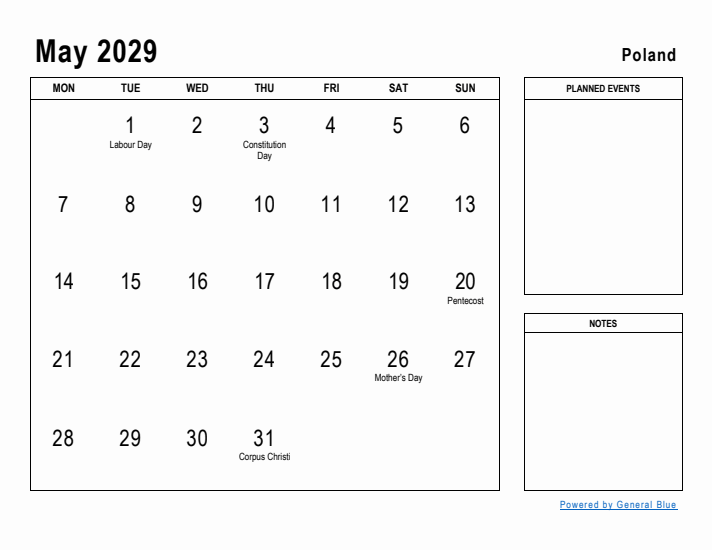 May 2029 Printable Monthly Calendar with Poland Holidays