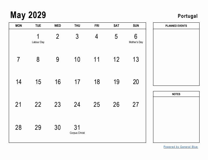 May 2029 Printable Monthly Calendar with Portugal Holidays