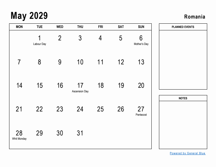 May 2029 Printable Monthly Calendar with Romania Holidays