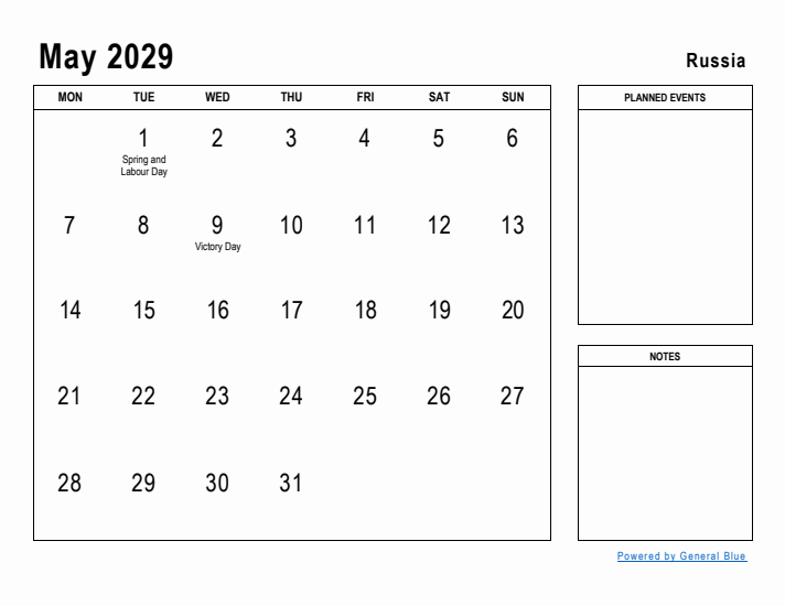 May 2029 Printable Monthly Calendar with Russia Holidays