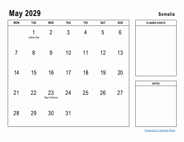 May 2029 Printable Monthly Calendar with Somalia Holidays