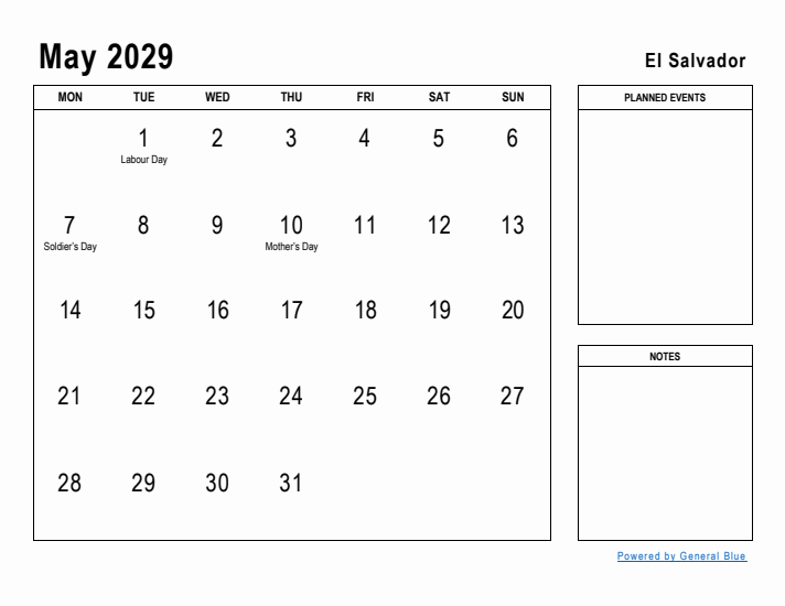 May 2029 Printable Monthly Calendar with El Salvador Holidays