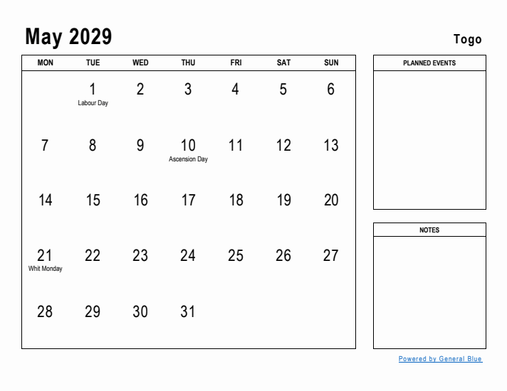 May 2029 Printable Monthly Calendar with Togo Holidays