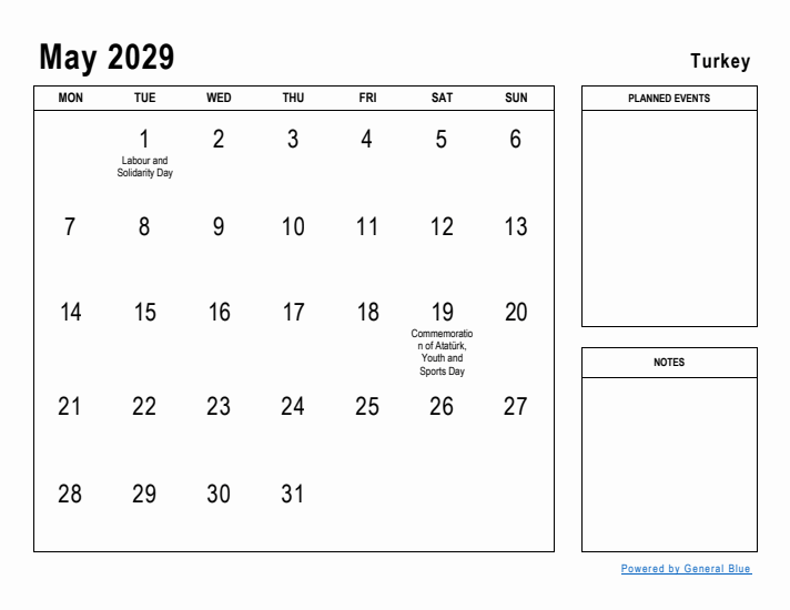 May 2029 Printable Monthly Calendar with Turkey Holidays