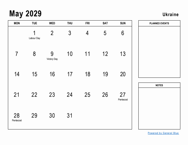 May 2029 Printable Monthly Calendar with Ukraine Holidays